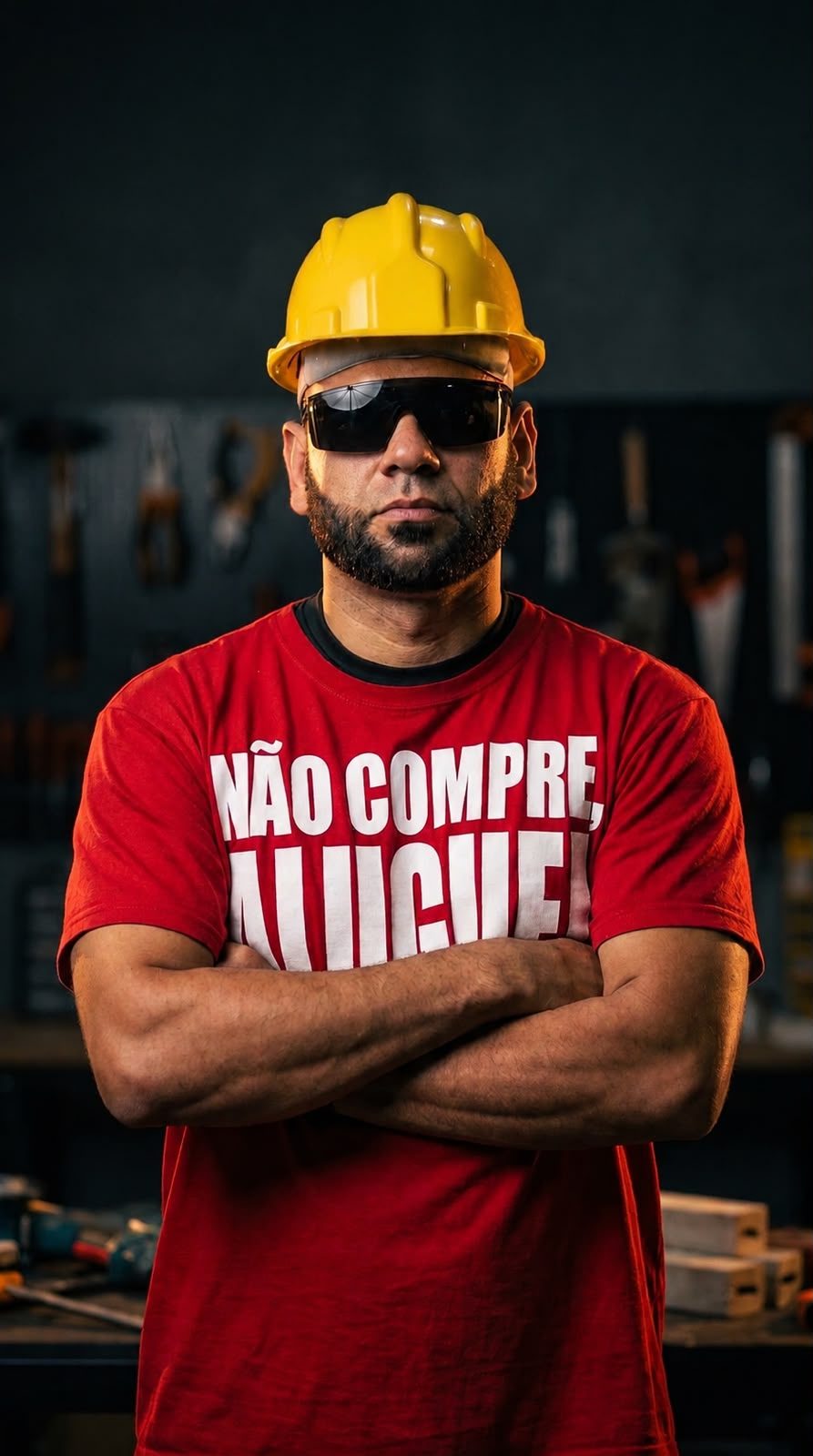 Atendente da Bazani de braços cruzados com camiseta Não compre, alugue!